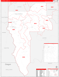 Nez Perce County, ID Wall Map Zip Code Red Line Style 2024